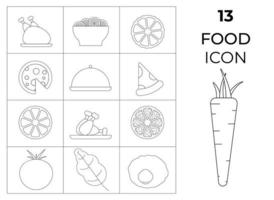 ensemble de 13 icônes alimentaires en noir et blanc - tomate, carotte, poulet, pizza, salade. illustration vectorielle vecteur