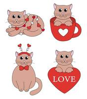 ensemble de dessin animé Valentin journée chat personnages. mignonne chatons dans tasse, guirlande, Bandeau, sur cœur avec l'amour. vecteur plat illustration.