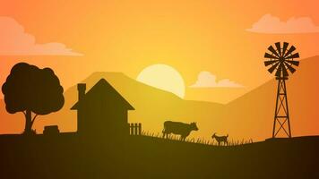 les terres agricoles silhouette paysage vecteur illustration. paysage de bétail et Moulin à vent dans le campagne cultiver. rural panorama pour illustration, Contexte ou fond d'écran