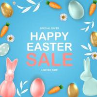 modèle d'affiche de vente joyeuses Pâques avec des oeufs de Pâques réalistes 3d, lapin, carotte. modèle pour la publicité, affiche, flyer, carte de voeux. illustration vectorielle