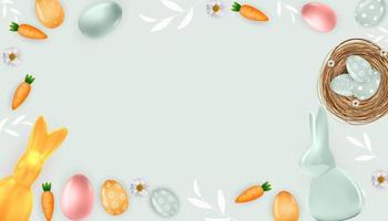 Cadre de modèle d'affiche de Pâques avec des oeufs de Pâques réalistes 3d, lapin et carotte. modèle pour la publicité, affiche, flyer, carte de voeux. illustration vectorielle