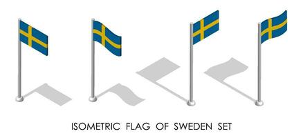 isométrique Suède drapeau dans statique position et dans mouvement sur mât de drapeau. 3d vecteur