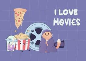 je l'amour films, film nuit, mignonne pop-corn, pizza, confortable film en train de regarder à Accueil vecteur