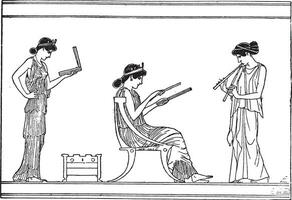 grec femmes sur une navire après brûlant, ancien gravure. vecteur