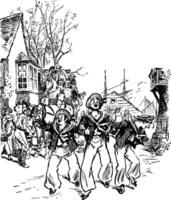 Trois marins en chantant en marchant vers le bas rue, ancien illustration vecteur