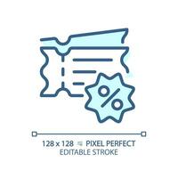 2d pixel parfait modifiable bleu remise coupons icône, isolé monochromatique vecteur, mince ligne illustration représentant remises. vecteur