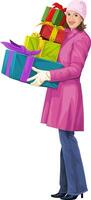vecteur de femme en portant empiler de cadeau des boites.