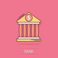 bâtiment de banque de dessin animé de vecteur avec l'icône de signe dollar dans le style comique. pictogramme d'illustration de signe de banque. construction d'un concept d'effet d'éclaboussure d'entreprise.