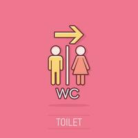 wc de dessin animé de vecteur, icône de toilette dans le style comique. pictogramme d'illustration de signe de toilettes hommes et femmes. concept d'effet d'éclaboussure d'entreprise wc. vecteur