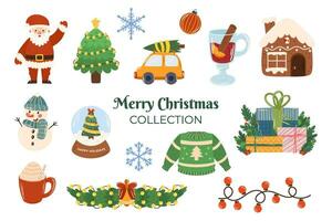 Noël collection de différent éléments tel une Père Noël noël, décoré arbre, guirlande avec cloche, boule à neige, bonhomme de neige et pain d'épice loger, Réchauffé du vin et tasse de cacao vecteur