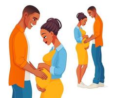 heureux, afro-américain, enceinte, couple, attente, bébé, vecteur, illustration