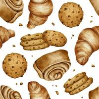 croissant, en spirale cannelle rouleau, biscuits, muffin. Pâtisserie. boulangerie nourriture concept. aquarelle sans couture modèle. boulangerie produit. pour conception de Étiquettes, emballage de marchandises, cartes, pour boulangerie, une boulangerie. vecteur