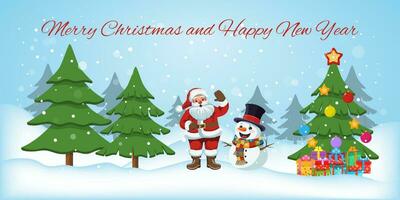 Noël et Nouveau année hiver Contexte avec vacances symboles. Père Noël noël, Noël arbre, bonhomme de neige, neige, cadeau des boites, hiver forêt. vecteur illustration.