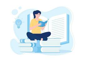 femme séance sur une pile de livres et en train de lire concept plat illustration vecteur