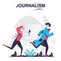 concept de dessin animé isolé de journalisme. journaliste ou paparazzi court après l'homme, scène des médias de masse au design plat. illustration vectorielle pour les blogs, site Web, application mobile, matériel promotionnel. vecteur