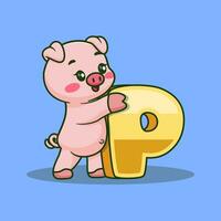 alphabet lettre p pour porc dessin animé vecteur icône illustration