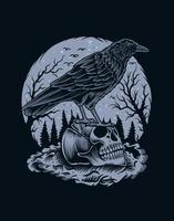 illustration oiseau corbeau effrayant avec crâne vecteur
