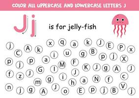trouver et point tout des lettres J. éducatif feuille de travail pour apprentissage alphabet. mignonne rose gelée poisson. vecteur