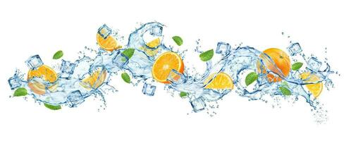 réaliste l'eau éclaboussure avec Orange fruit, feuilles vecteur