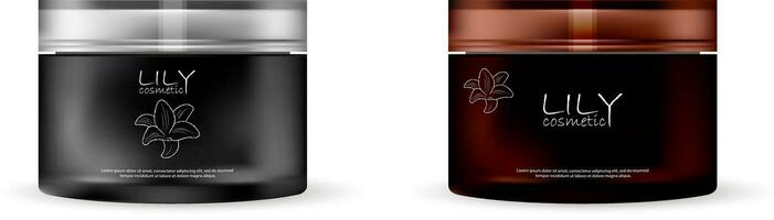 noir et marron verre Plastique cosmétique crème pot ensemble avec fermé couvercle. réaliste vecteur illustration avec différent stylé logo conception.