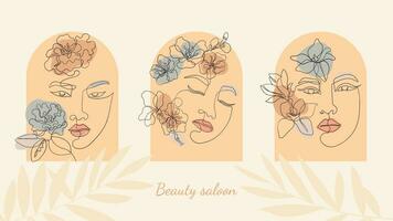 triptyque pour beauté salon Trois femelle visages ligne art. boho style cambre les fenêtres et mysticisme vecteur