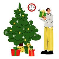 une Noël illustration dans lequel une gars chèques une cadeau près une Noël arbre avec cadeau des boites. c'est temps à donner cadeaux. déballage une cadeau. vecteur. cadeaux et surprises. joyeux Noël, Nouveau année vecteur