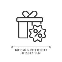 2d pixel parfait modifiable noir cadeau entraver icône, isolé vecteur, Facile mince ligne illustration représentant remises. vecteur
