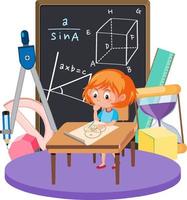 fille apprenant les mathématiques avec le symbole et l'icône mathématiques vecteur