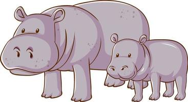 Mère et bébé hippopotame cartoon sur fond blanc