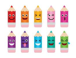 ensemble de coloré des crayons, dessin animé gros dessin outils avec différent emoji style visages, retour à école clipart vecteur