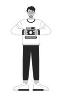 Années 80 rétro style photographe noir et blanc dessin animé plat illustration. lunettes arabe homme prise instant des photos 2d lineart personnage isolé. nostalgie monochrome scène vecteur contour image