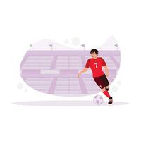 Football équipes rivaliser dans le stade. une joueur dribble le Balle sur le champ à créer une but. des sports athlète concept. tendance moderne vecteur plat illustration