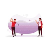 Masculin et femelle golfeurs jouer le golf sur le cours. elles ou ils joué le golf tandis que profiter le vue autour le système. des sports athlète concept. tendance moderne vecteur plat illustration