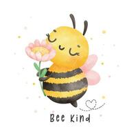 mignonne bébé mon chéri abeille avec fleur aquarelle dessin animé personnage main La peinture illustration vecteur. vecteur