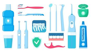 dentaire nettoyage outils. oral se soucier et hygiène des produits. brosse à dents, dentifrice, bain de bouche, soie cure-dent, dentaire soie, dentaire irrigateur. brossage dents. vecteur illustration.