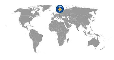 épinglez la carte avec le drapeau du kosovo sur la carte du monde. illustration vectorielle. vecteur