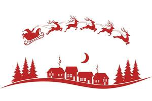 Père Noël sur une traîneau avec rennes dans le ciel avec le lune, hiver paysage, silhouette sur une blanc Contexte. Noël illustration, vecteur