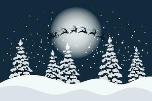 Père Noël sur une traîneau avec rennes dans le ciel avec le lune, hiver paysage avec sapin des arbres, silhouette. Noël illustration, vecteur