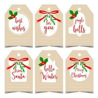 cadeau étiquette ou étiquette pour Noël présente à attacher il en dehors et signe ou écrire une de félicitations message. traditionnel Noël cadeau badge, languette ou autocollant avec vacances décorations. vecteur