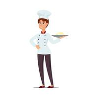 Jeune content brunette chef dans uniforme détient une plat. vecteur illustration conception.