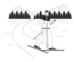 hiver paysage ski noir et blanc dessin animé plat illustration. asiatique Masculin skieur neige sport 2d lineart personnage isolé. ski style libre. sport d'hiver monochrome scène vecteur contour image