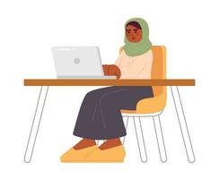 musulman femme travail de Accueil dessin animé plat illustration. espace de travail femelle hijab éloigné employé 2d personnage isolé sur blanc Contexte. télétravail adulte foulard scène vecteur Couleur image