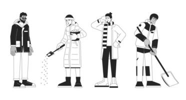 hiver dangers empêcher noir et blanc 2d ligne dessin animé personnages ensemble. vêtements d'extérieur isolé vecteur contour gens collection. protéger contre hiver temps monochromatique plat place des illustrations