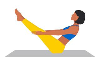 une Jeune magnifique femme dans tenue de sport est Faire yoga sur une tapis renforcement le abdominal muscles. prise se soucier de votre physique santé. vecteur. vecteur