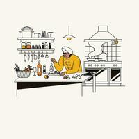 vecteur illustration de une femme cuisine dans le cuisine. linéaire style.