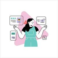 en ligne achats concept. plat vecteur illustration de femme achat en ligne avec crédit carte et téléphone intelligent.