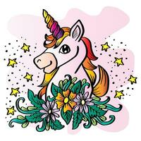 dessin animé Licorne tête avec floral ornement. vecteur