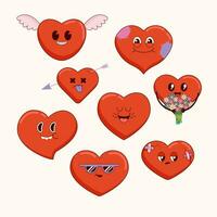 content valentines journée rétro collection cœurs. dessin animé mascotte personnages dans sensationnel style. l'amour autocollant ensemble vecteur