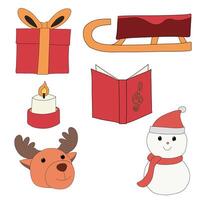 une Noël traîneau, cadeau boîte, bougie, recueil de chansons, bonhomme de neige, et renne dans une dessiné à la main minimal Noël concept, vecteur
