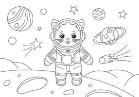 coloration page avec astronaute chat et planètes dans espace. main tiré vecteur profilé noir et blanc illustration.